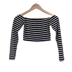 Missguided Navy and White Striped Off the Shoulder Long Sleeve Crop Size 8
